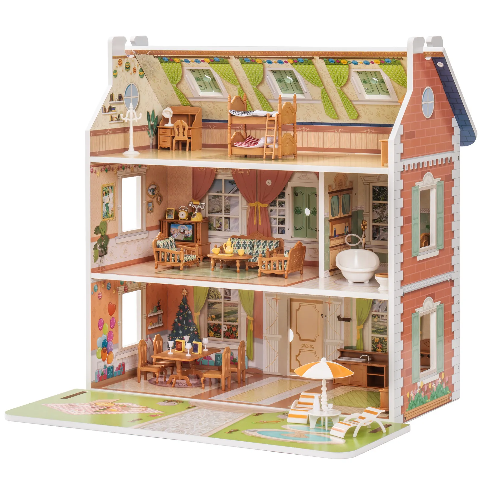 Tools Workshop Robud Doll House 3 In 1 Wood Dollhouse Dreamhouse For Kids Toddler 3 år gammal dockhus med DIY -möbler 40st 230729