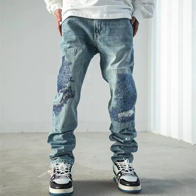 Erkek kot y2k sokak kıyafeti yama işlemi yığılmış kot pantolon pantolon erkekler giyim düz eski hip hop denim pantolon pantalon homme 230729