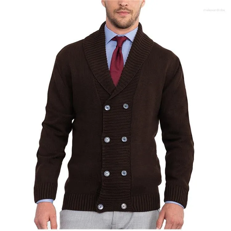 Maglioni da uomo Risvolto a scialle Tinta unita Maglione doppiopetto marrone scuro Uomo Casual Manica lunga Slim Fit Autunno Inverno Top lavorato a maglia per marito