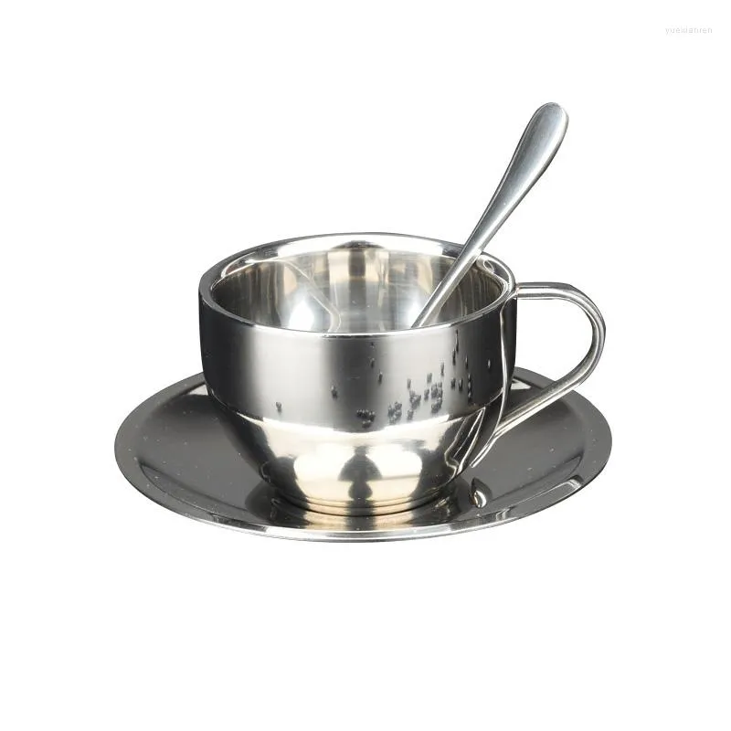 Cups Saucers 180ml/200ml Coffee Cup Double Layer Resistant Set Stainless Steel Tea With Plate And Spoon