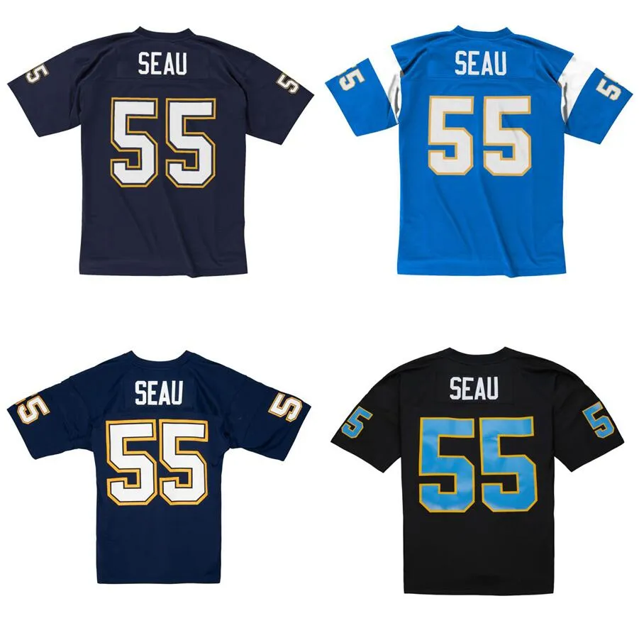 Genähtes Fußballtrikot 55 Junior Seau 2002 75. Patch Mesh Retro Rugby-Trikots Herren Jugend S-6XL