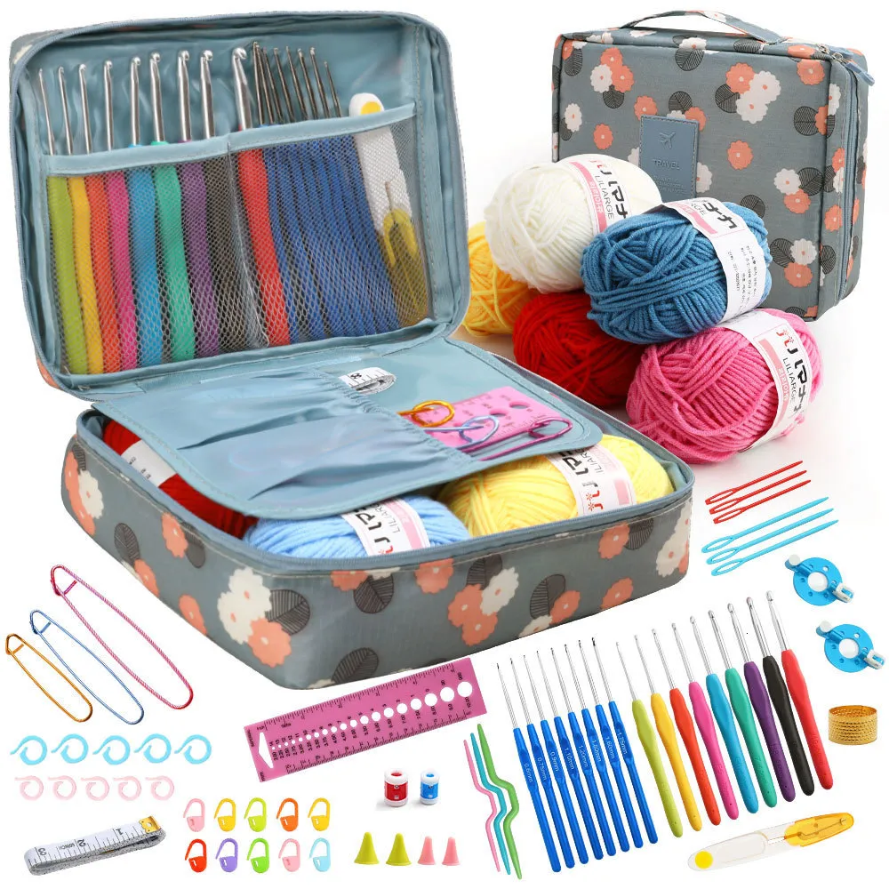 Kit de ganchillo de lana con flores secas, bolsa de almacenamiento, juego de ganchos de croché ergonómicos, accesorios de hilo y costura, regalo para principiantes 230729