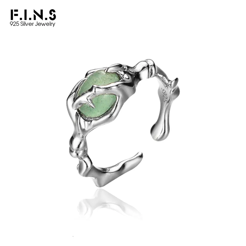 Bröllopsringar F I N S Original S925 Sterling Silver Open Aventurine Jade Gem Stone Punk Rock Justerbar Finger Fashion Fine Jewelry Gift 230729