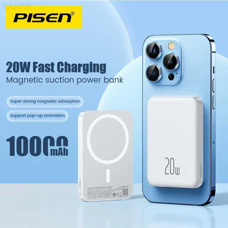 Banki zasilania telefonu komórkowego Pisen Power Bank 10000 mAh 20W Magnetyczne bezprzewodowe zasilanie Fast Charge Bank dla iPhone'a 13 12 14 Mini Pro Max Przenośna bateria zewnętrzna L230728