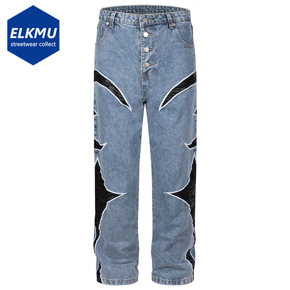 Mens Jeans Leather Patchwork Fashion Jeans Men Luxury Designer Blue Denim Pants Straight Jeans Trousers Black 230729