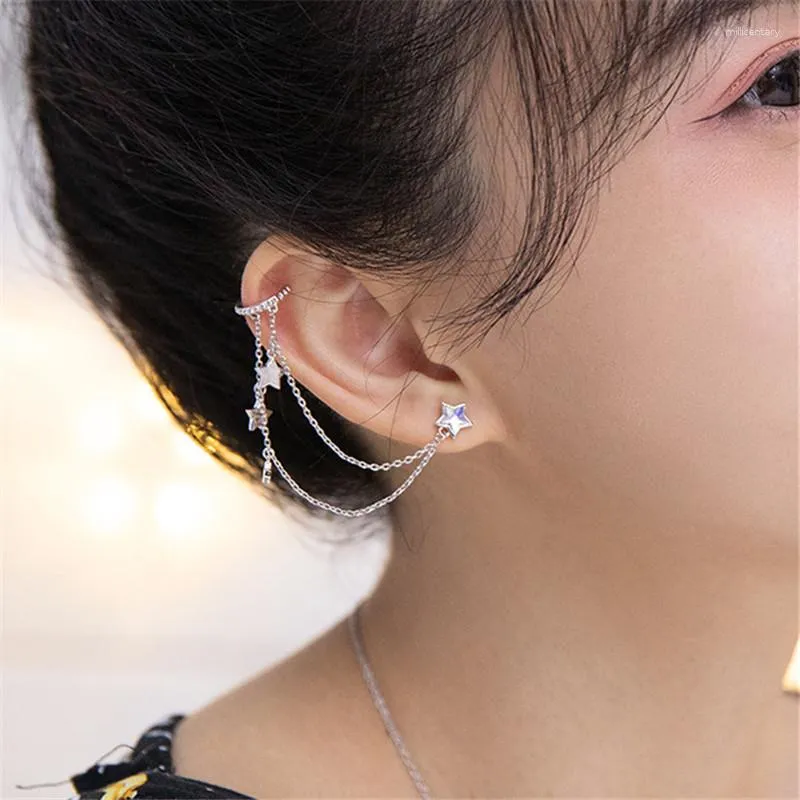 Ryggar örhängen 1st Punk Tassel Chain Moonstone Star Clip Earring for Women Girls Fashion Ear Cuff Smycken EH689