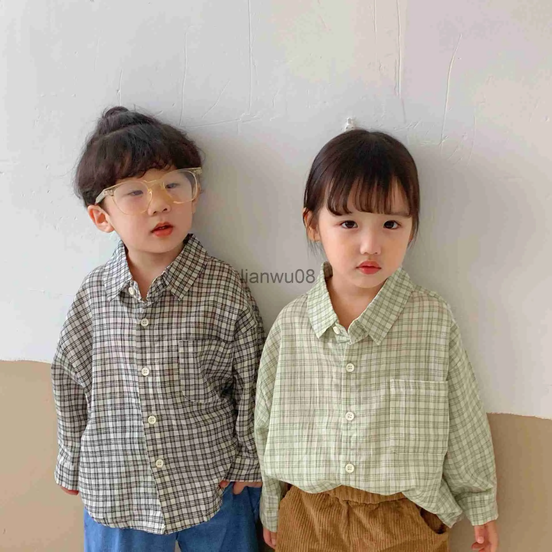 Kids Shirts 3338B Children's Shirt Long Sleeve Plaid Boys's Shirt 2022 Autumn 2022 New Casual Loose Girls Shirt 17Year Kid's Shirt Blouse x0728