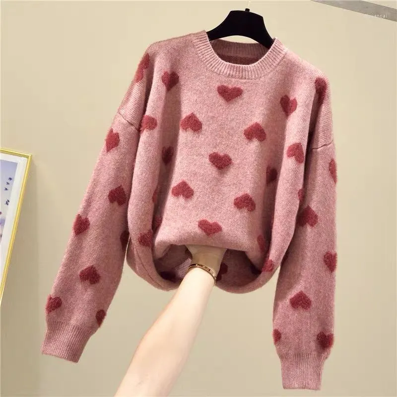 Suéter Feminino Love Print Malha Fluffy Sweater Oversized Pullover Feminino Inverno Solto Longo Streetwear Sueter Muje Rosa Damasco