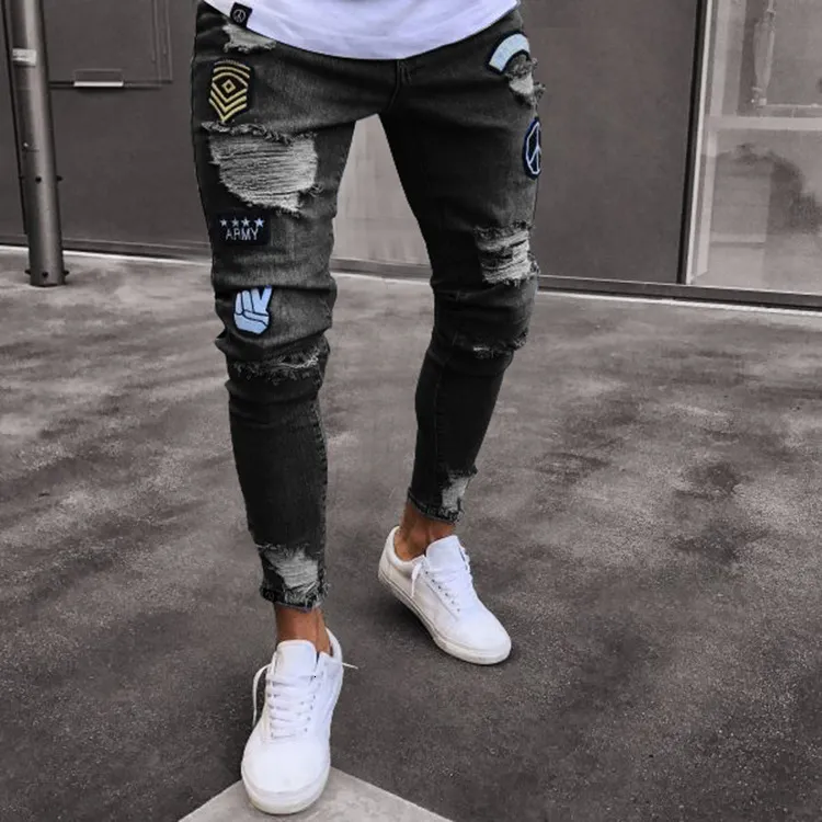 Hommes Jeans Haute Qualité Hommes Stretchy Broderie Dessin Animé Imprimer Jeans Déchiré Maigre Détruit Trou Slim Fit Denim Hip Hop Noir Jeans 230729