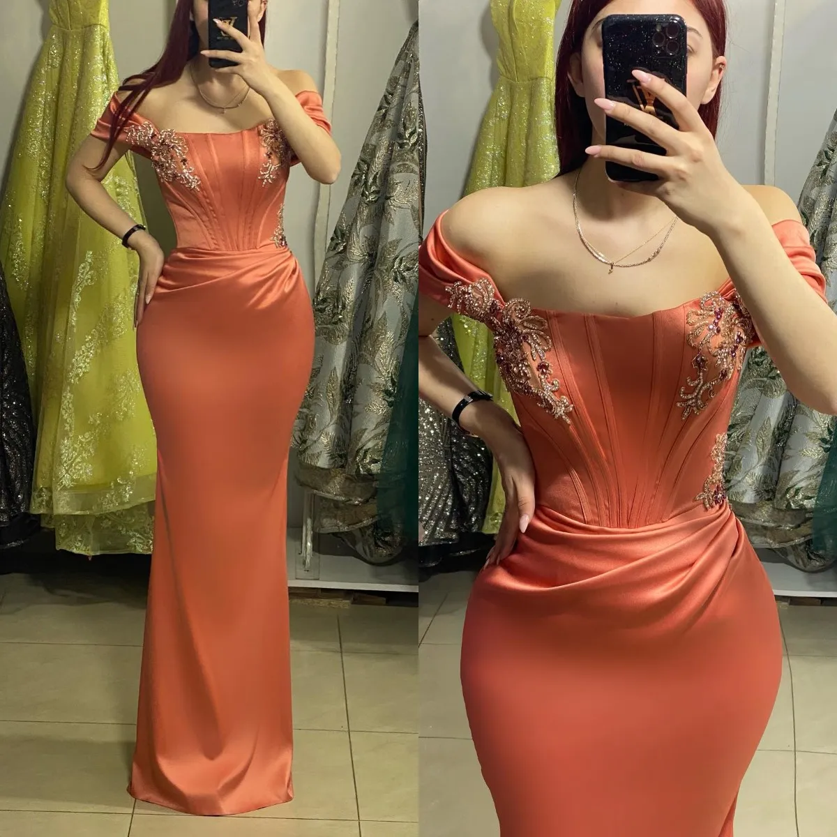 エレガントなオレンジ色のイブ​​ニングドレスオフショルダースパンコールパーティープロムスプリットスイープトレイン特別なOCNのロングドレス