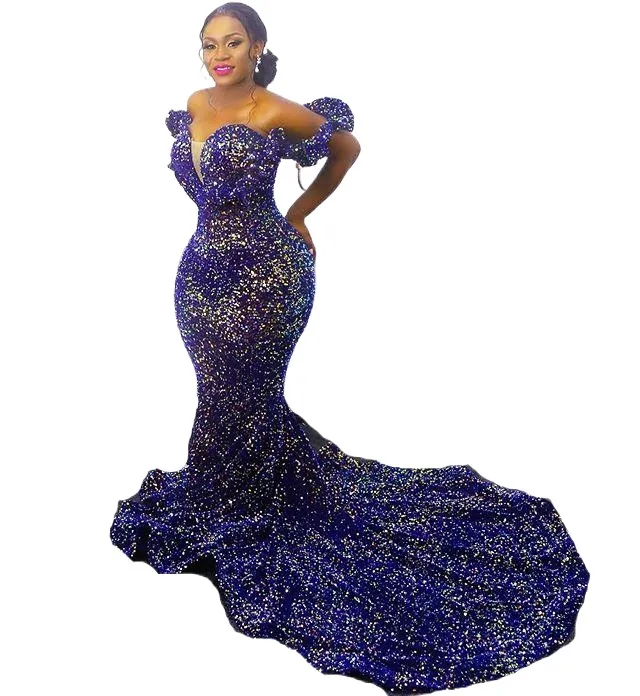 African Sequined Evening Dresses Plus Size Off Shoulder Mermaid