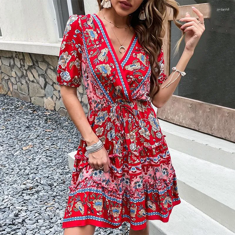 Partykleider Tiefer V-Ausschnitt Schmetterlingsärmel Schlankes Damen Boho-Druck-Sommer-Minikleid Hohe Taille Lässiger Strandstil Lady Vestidos