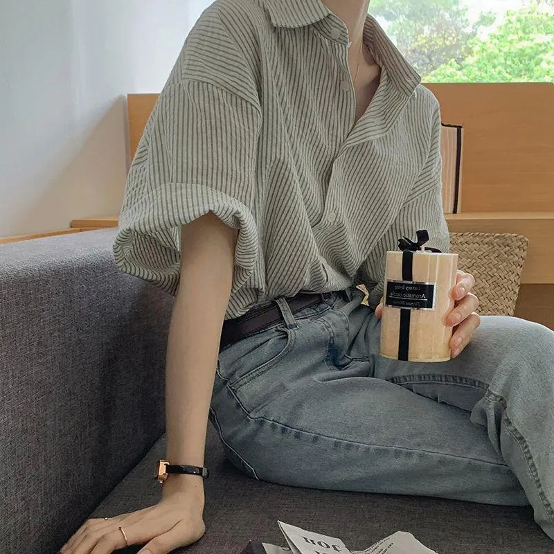 Women's Polos Elegant And Youth Woman Blouses Clothing Spring 2023 Green Vertical Stripe Shirt Short Sleeve Chiffon Blouse