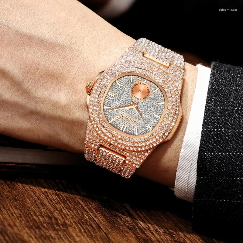 Armbandsur Pintime Men's Wrist Watch Clock Male Zegarek Meski Mon Quartz Men Luxury Full Diamond Hip Hop Rose Gold Sliver Watches