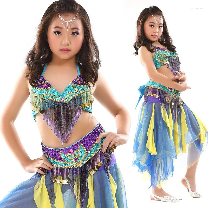 Stage Wear Girl Bollywood Dance Child Pancia Abbigliamento 3 pezzi / set Reggiseno con perline Gonna con cintura Costume per performance di danza del ventre per bambini