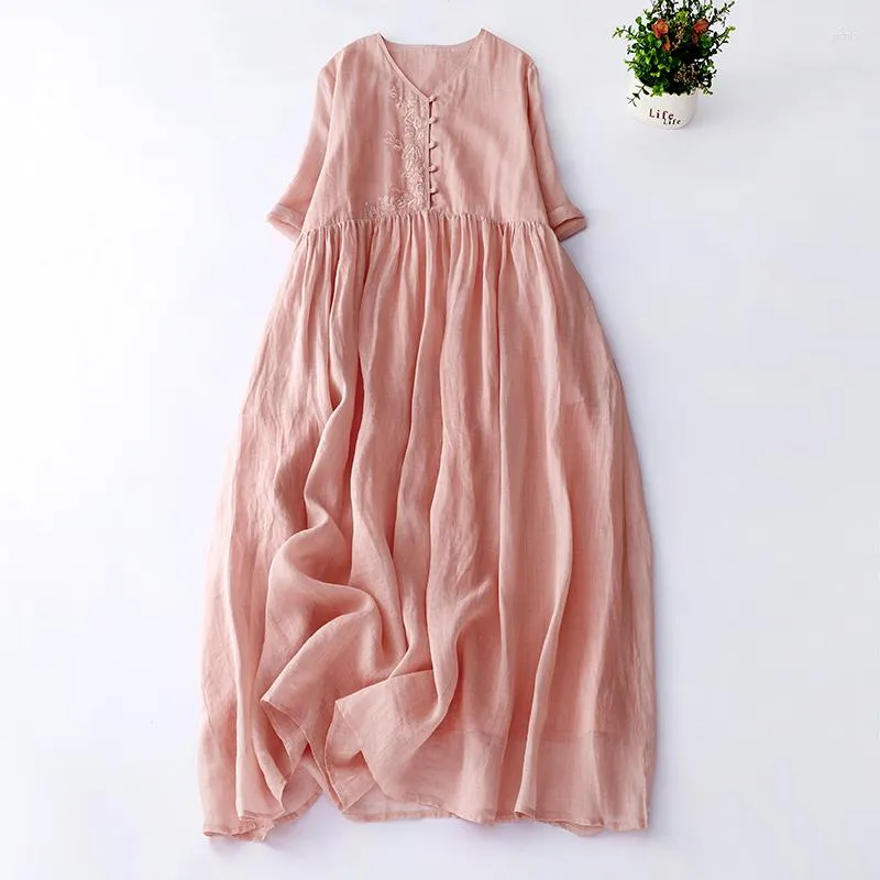 Robes décontractées 2023 deux couches broderie florale Vintage printemps été robe bureau dame travail mode femmes rose Midi