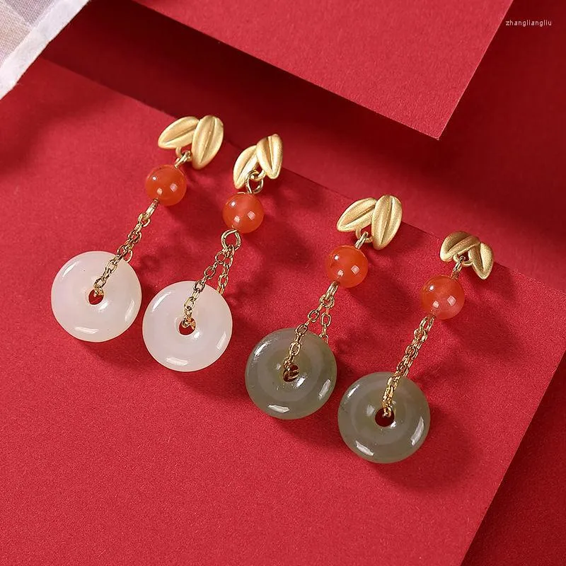 Boucles d'oreilles pendantes en argent incrusté naturel un pendentif en jade collier style chinois rétro élégant petite foule conception charme bijoux de marque pour femmes