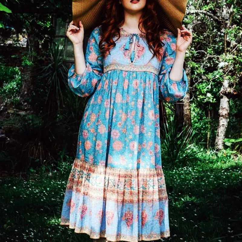 Casual Dresses Beach Love Floral Blue Cotton Maxi Dreses Women Lace Up Long Sleeve V-neck Boho Dress Loose Oversized Party Wear