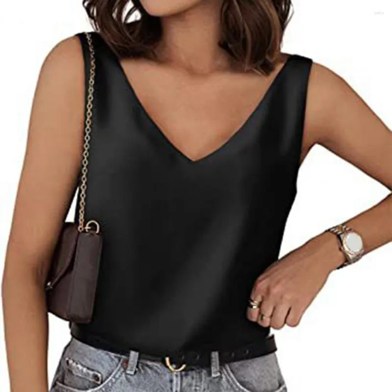 Damestanks Tanktop Dames Mouwloos V-hals Effen Kleur Laag uitgesneden Losse Alledaagse kleding Trui Satijn Crop Tops Zomervest Kleding