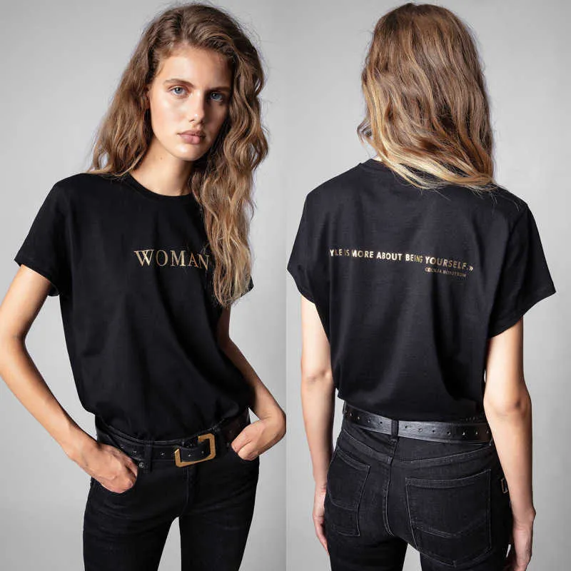 23SSデザイナータイドTシャツZADIG VOLTAIRE Tシャツデザイナークラシックレター女性ブロンズプリントブラックウーマンラウンドネックショートスリーブトップスコットンTシャツ夏