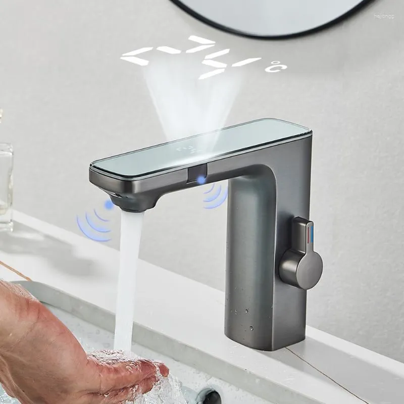 Rubinetti per lavabo da bagno Rubinetto per lavabo Ottone Display digitale intelligente Rubinetto miscelatore per acqua fredda Grey Sense Alimentazione a batteria