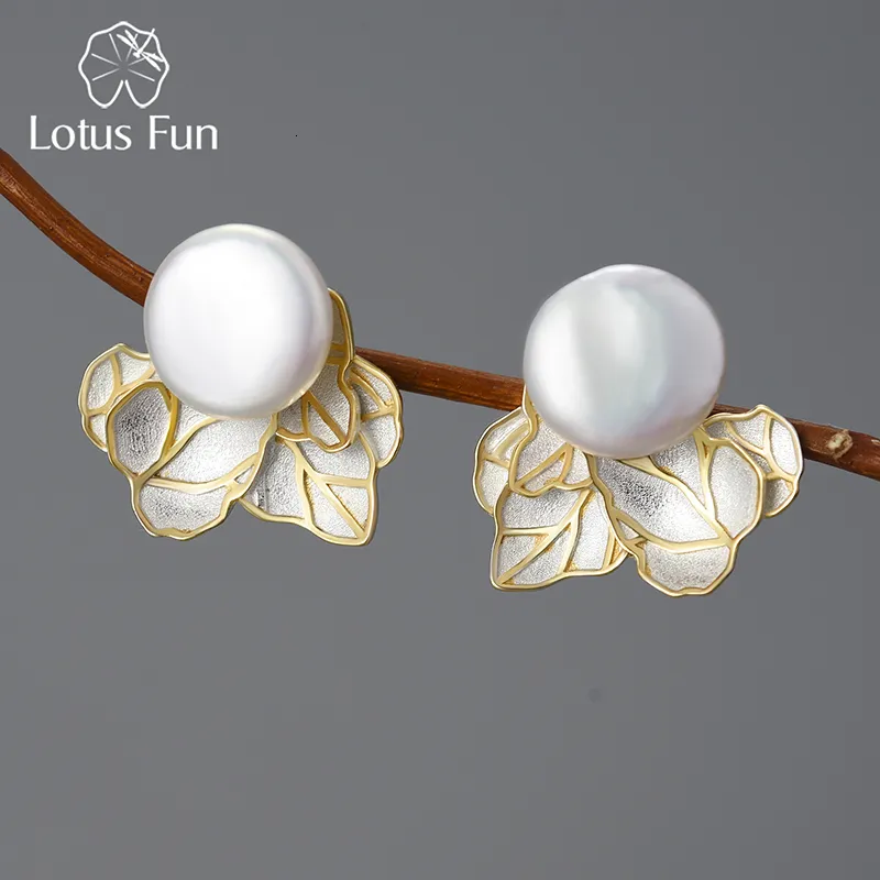 Stud Lotus Fun Inusual Vintage Natural Baroque Pearl Leaves Orecchini per donna Real 925 Sterling Silver Original Fashion Jewelry 230729