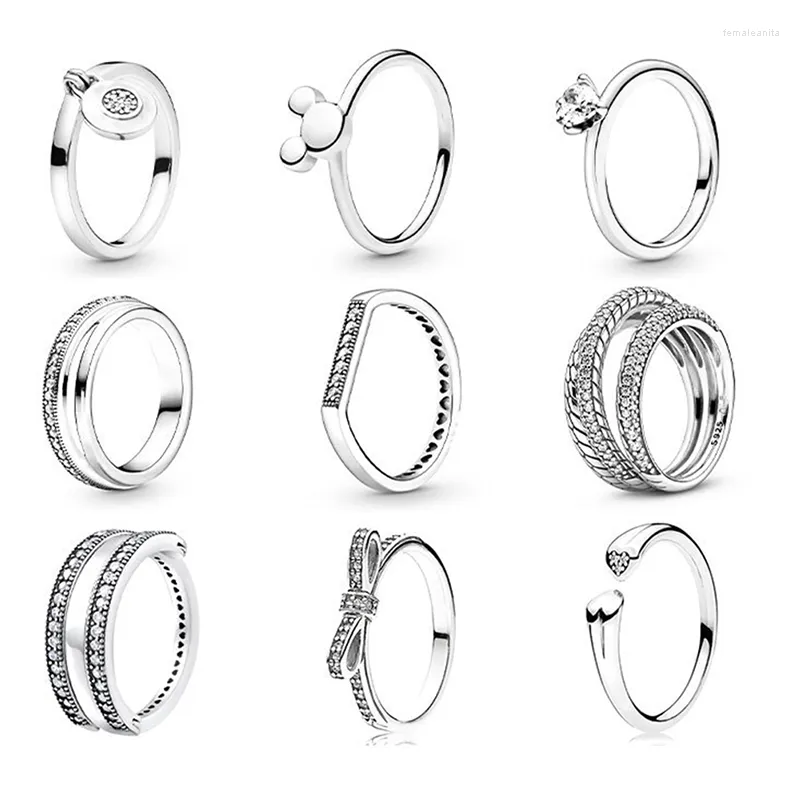 Cluster Ringe LR Zirkonia Triple Circle Micky Kopf Pan Silber Ring für Frauen Schmuck Hochzeit Verlobung Mädchen Geschenk