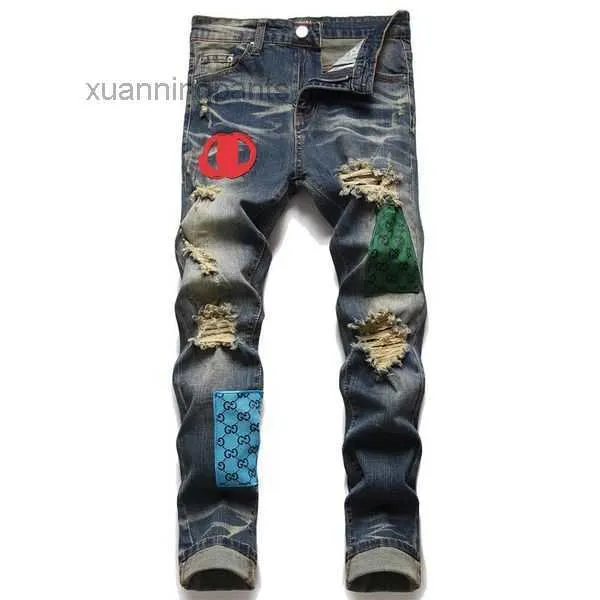 Aimirs Jeans with Stars Men Regular Fit Pencil Pants Embroidery Letter Zipper Fly Black Biker Denim Ripped NWUE