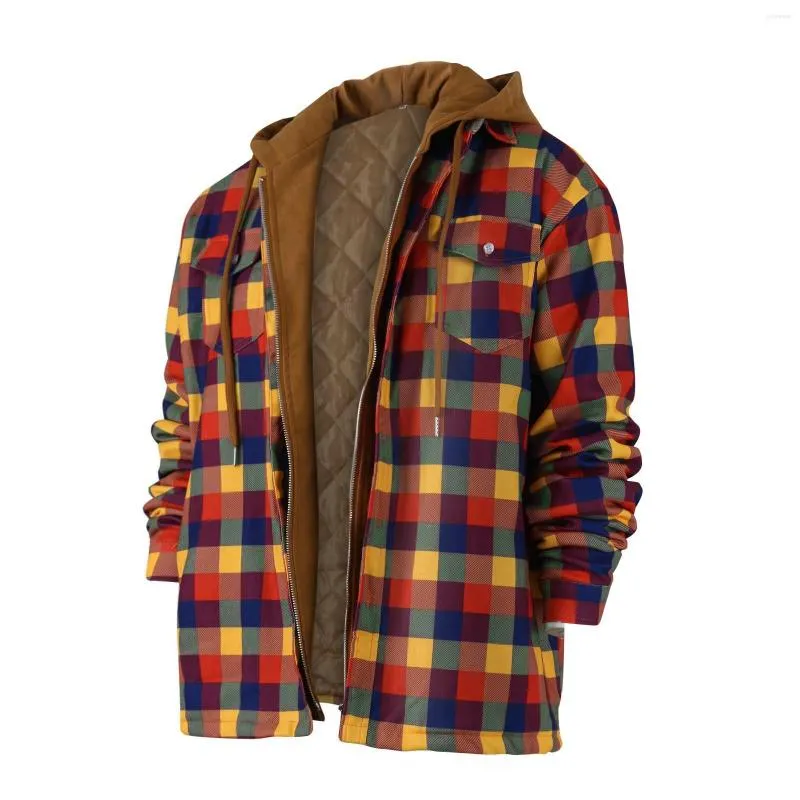 Herrenjacken Herrenjacke Winter Plaid Flanellhemden Patchwork Dicker Fleece Gesteppter Gefütterter Mantel Langarm Knopf Mit Kapuze Camisas De Hombre