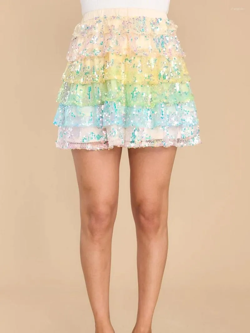 Skirts Womens Colorful Sequins Mini Elastic Waist Ruffles Tiered Hem Sparkle Summer Casual A-Line Skater Skirt