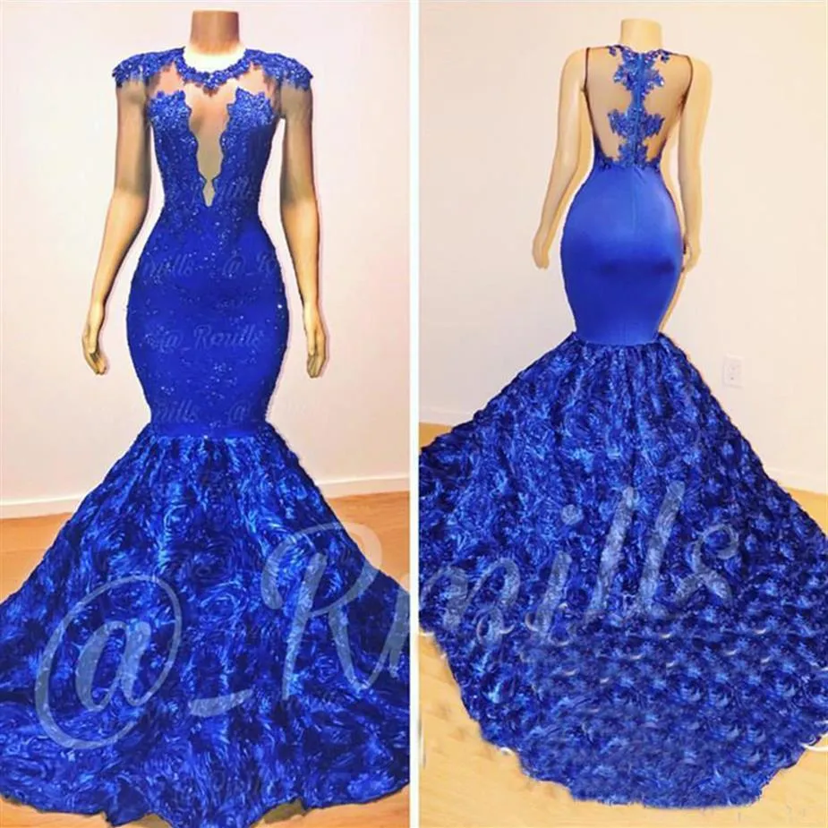 Royal Blue Mermaid Prom Dresses Fiori di rosa Lungo cappella treno Sheer Neck Applique Beads 2K18 African Pageant Party Dress Evening 262I