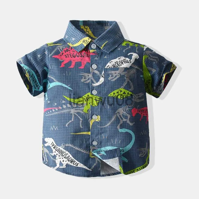 Camisas infantis 2021 verão novas roupas infantis para crianças gola virada para baixo tops europeu estampado completo estampado infantil casual camisa de manga curta para meninos x0728