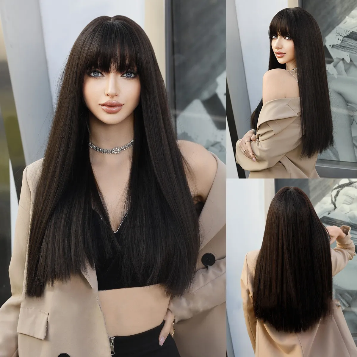 Wig Caps Long straight black synthetic wig with bangs for women's fashion wig 230729