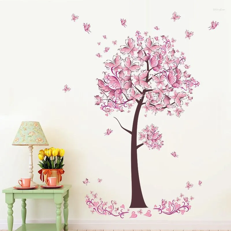 Adesivi murali Fiore romantico Albero Farfalla Per ragazze Camera da letto Decorazione domestica Fai da te Camera dei bambini Decalcomanie artistiche