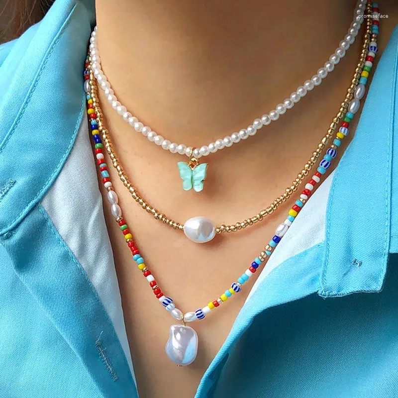 Chains Pastoral Style Butterfly Jewelry Necklace Combination Wearing Colorful Beaded Neck Long Layered Pearl For Women's