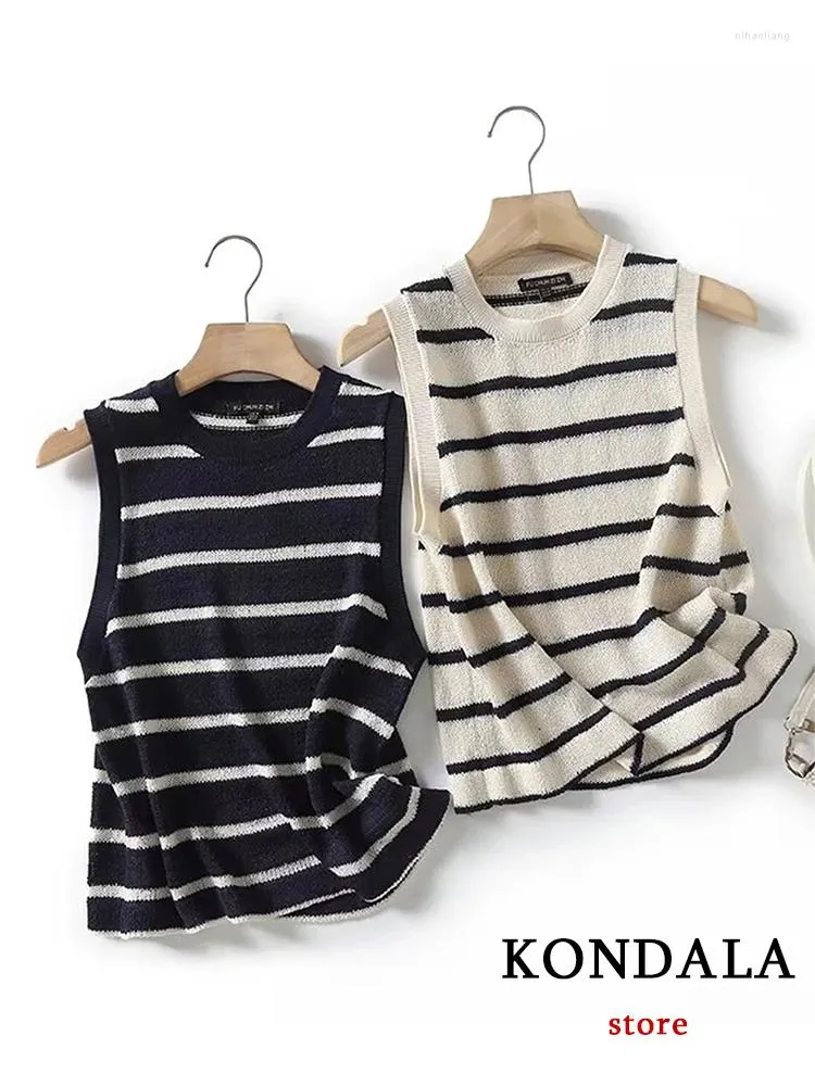 Women's Tanks KONDALA Vintage Casual Striped Chic Women Vest Tshirts O-Neck Sleeveless Short Straight Tops Fashion 2023 Summer Holiday