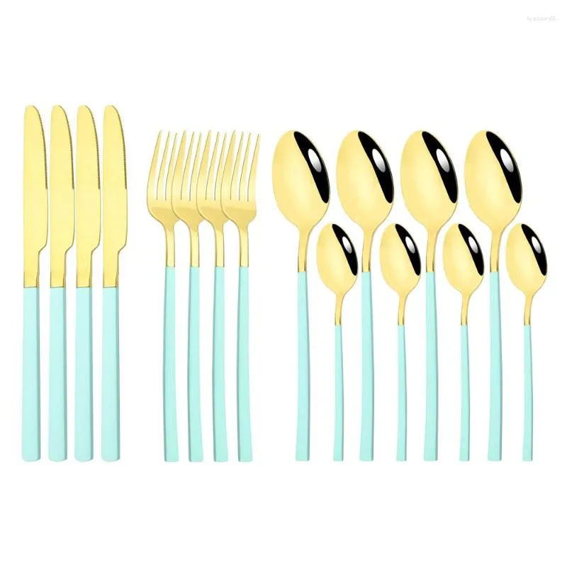 Dinnerware Sets 16pcs Stainless Steel Cutlery Set Knives Fork Flatware Mint Green Gold Tableware Silverware Kitchen Accessories