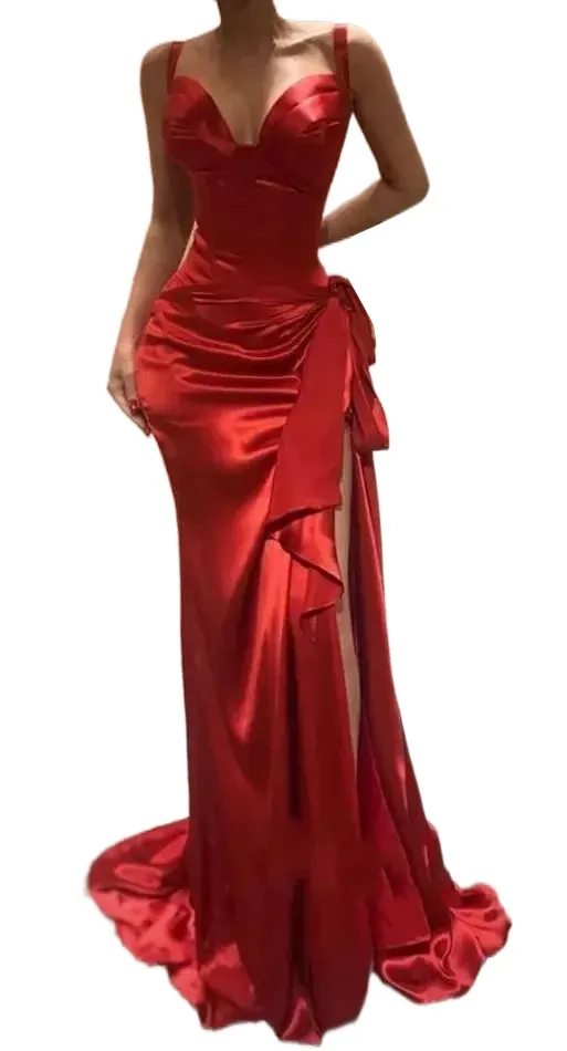 Elegantes vestidos de noche largos rojos Cariño Sirena Vestido de fiesta formal con hendidura Tren de barrido Cremallera lateral Dividir vestidos de noche Lazo de satén