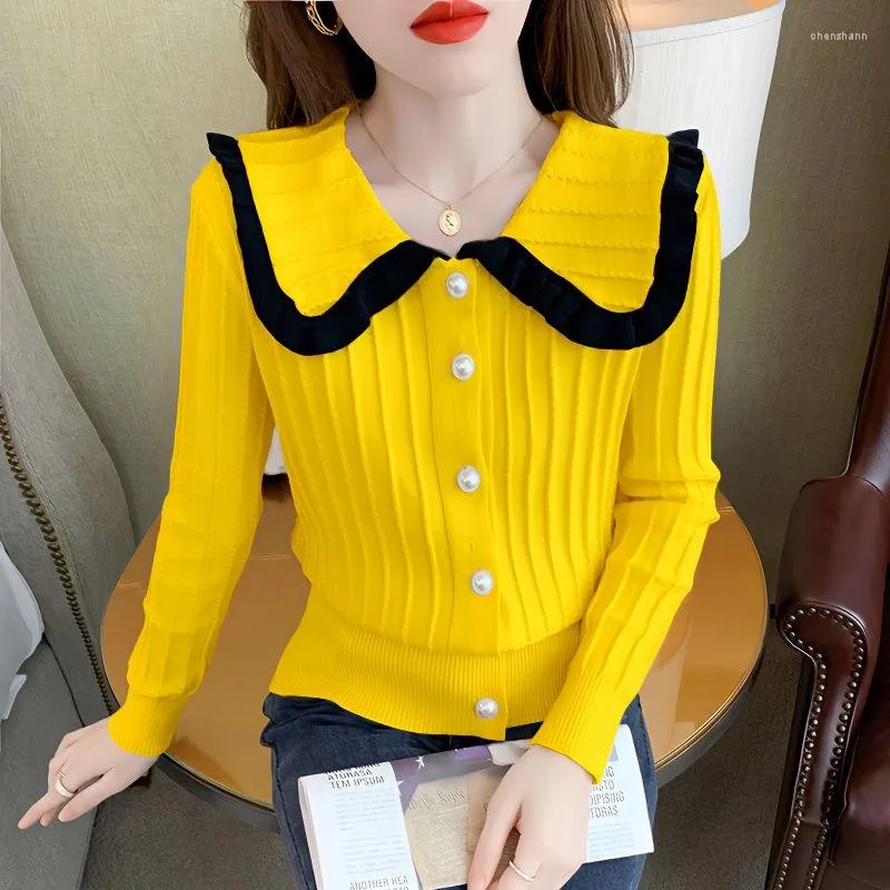 Women's Sweaters Woman Femme Autumn Female Knit Top Sweater Doll Collar Ladies Long-sleeved Loose Button Pullover G481