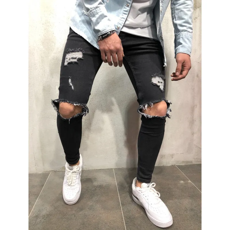 Men's Jeans Men Jeans Streetwear Knee Ripped Skinny Hip Hop Fashion Estroyed Hole Pants Solid Color Male Stretch Casual Denim Big Trousers 230729