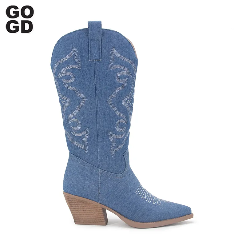 Boots GOGD Embroidered Cowboy Short Ankle Boots for Women Chunky Heel Cowgirl Boots Slip on Mid Calf Western Boots 230729