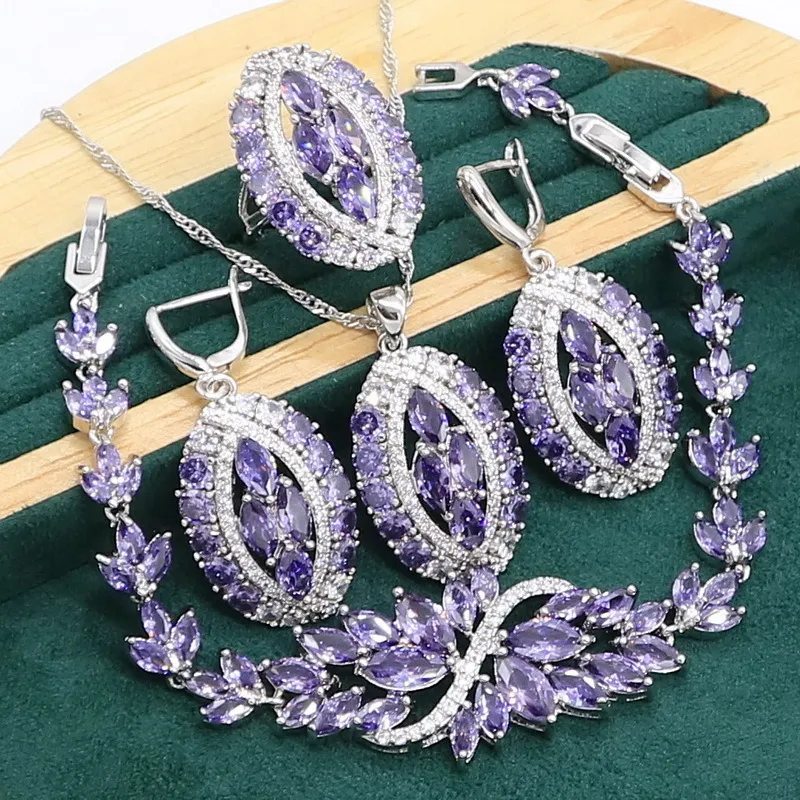 Ensembles de bijoux de mariage Luxueux Purple Amethyst 925 Sterling Silver set pour femmes Bracelet Boucles d'oreilles Collier pendentif Anneau Cadeau d'anniversaire 230729