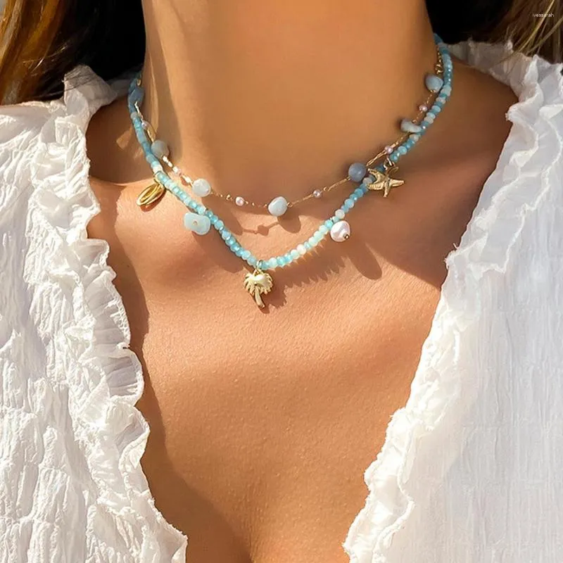 Choker Fashion Bohemian Crushed Stone Imitation Crystal mångsidig benben Kedja Etnisk stil Stjärna Leaf Shell Necklace Kvinna