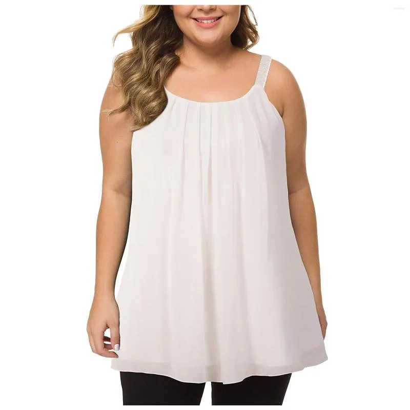 Kvinnors tankar veckade pärlor plus size top tank chiffong casual mode rem solid blus korsett