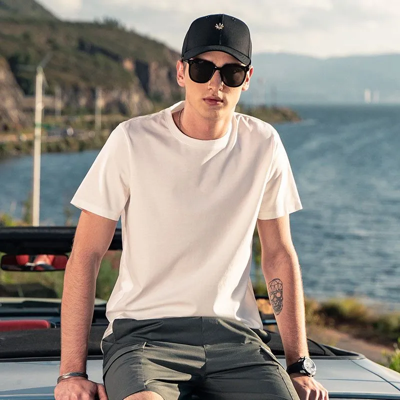 新品●Cotton Silk Useful Halfsleeve Tshirts Men's Short Sleeve Silk Cotton Blend T-shirt Solid Color Loose Fit