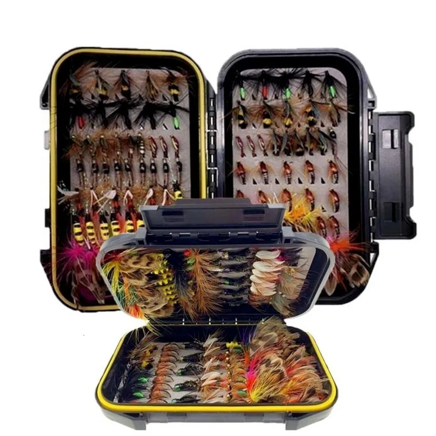 Appâts Leurres Collection de mouches de pêche à la mouche à la truite 32112Pcs Assortiment de banderoles de nymphe sèche et humide avec boîte Kits de pêche à la mouche 230729