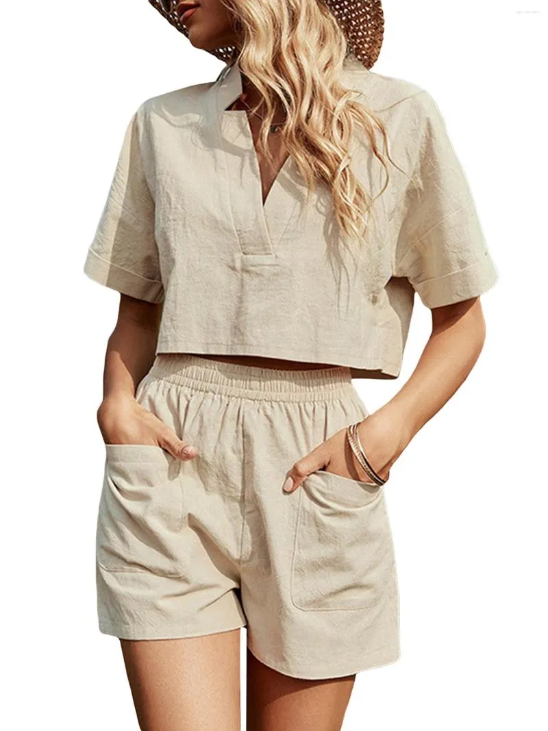 Women's Tracksuits Women S Casual Linen Lounge Pajama Set With V-Neck Crop Top And High Waist Shorts - Stylish 2 Piece Outfit Pockets