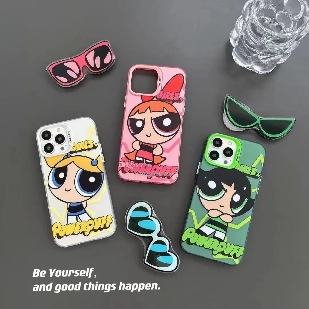 Coque de téléphone de créateur de mode pour iPhone14 13 12 Pro/Pro Max beau spray à motif anime, argent galvanisé + coque de téléphone avec support pour les yeux.