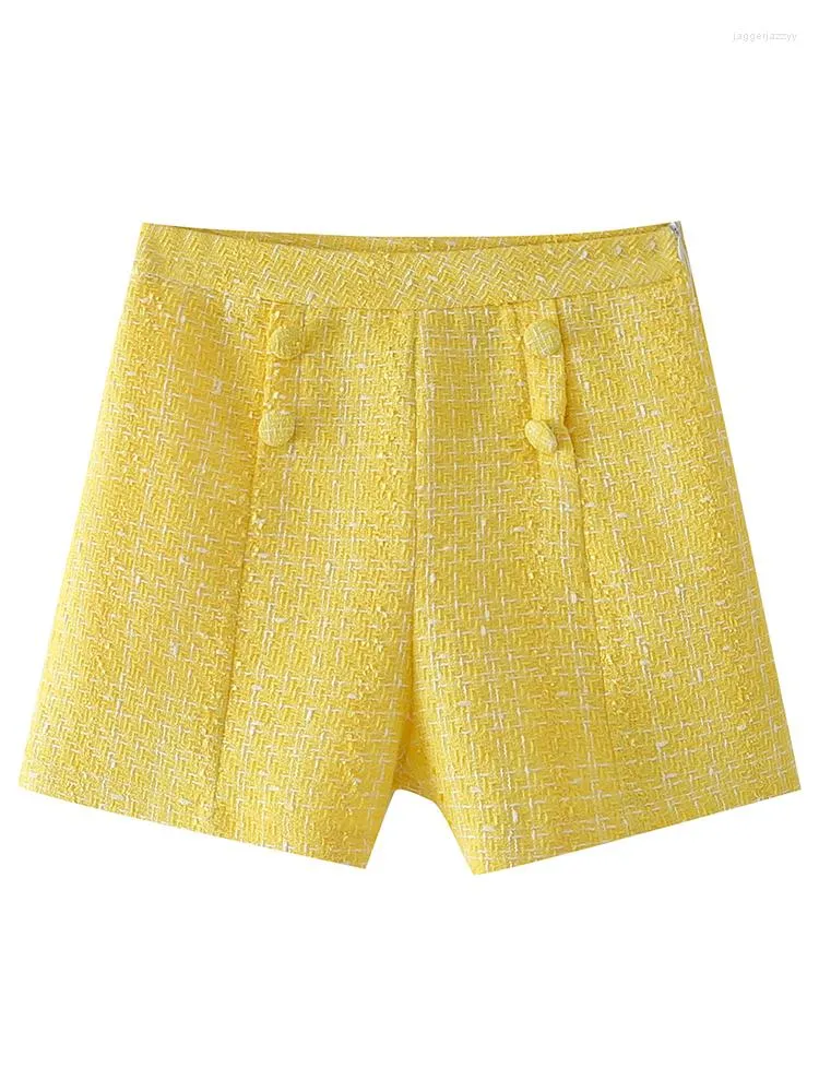 Kvinnors shorts kvinnor mode solid tweed casual hög midja blixtlås damer knappar dekorera kort mujer pantalon