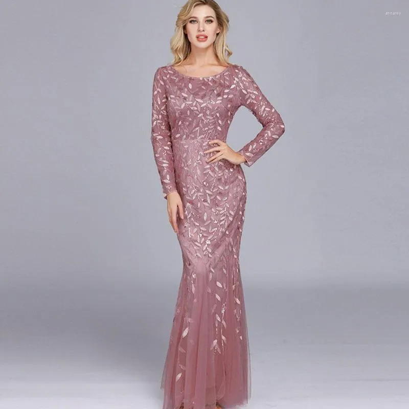 Casual Dresses Women's 2023 European och American Noble Style Sequin aftonklänning långärmad rund nacke fiskstjärna Bankett Dres